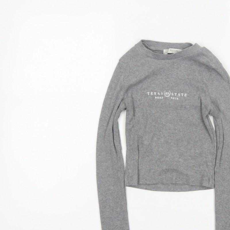 Pull&Bear Women Grey S Cropped Ribbed Texas State Long Sleeve T-Shirt