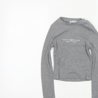 Pull&Bear Women Grey S Cropped Ribbed Texas State Long Sleeve T-Shirt