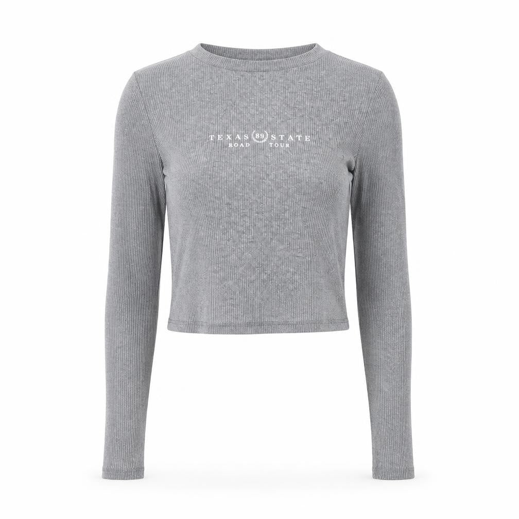 Pull&Bear Women Grey S Cropped Ribbed Texas State Long Sleeve T-Shirt