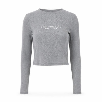 Pull&Bear Women Grey S Cropped Ribbed Texas State Long Sleeve T-Shirt