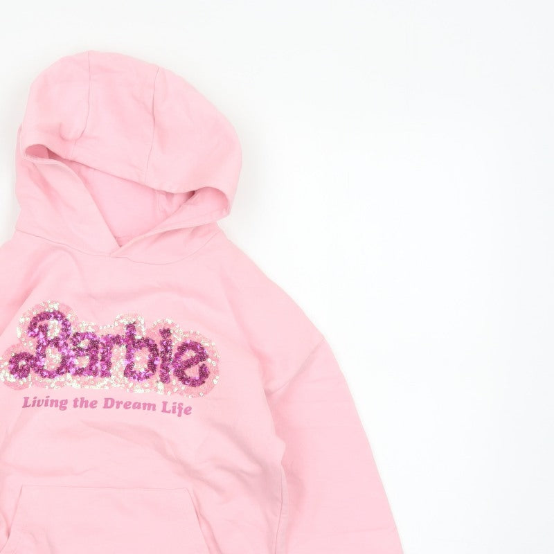 Barbie Girls Pink 7 Years Pullover Hoodie Sequin Logo Pocket Cotton Blend
