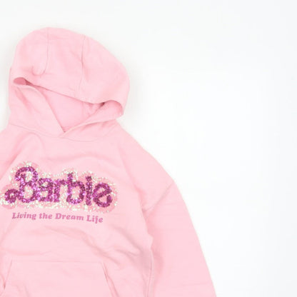 Barbie Girls Pink 7 Years Pullover Hoodie Sequin Logo Pocket Cotton Blend