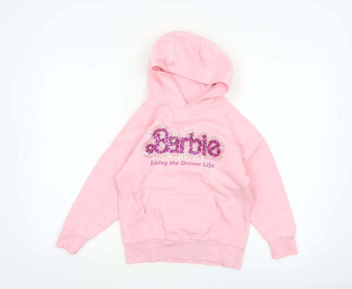 Barbie Girls Pink 7 Years Pullover Hoodie Sequin Logo Pocket Cotton Blend