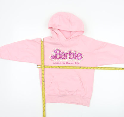 Barbie Girls Pink 7 Years Pullover Hoodie Sequin Logo Pocket Cotton Blend