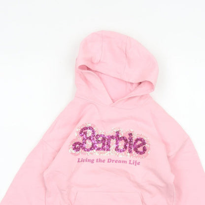 Barbie Girls Pink 7 Years Pullover Hoodie Sequin Logo Pocket Cotton Blend