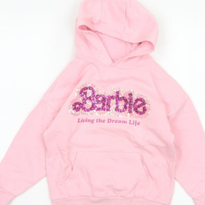 Barbie Girls Pink 7 Years Pullover Hoodie Sequin Logo Pocket Cotton Blend