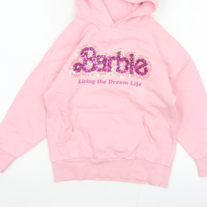 Barbie Girls Pink 7 Years Pullover Hoodie Sequin Logo Pocket Cotton Blend
