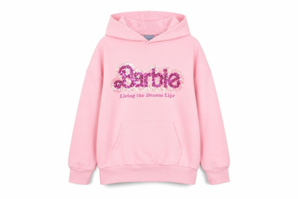 Barbie Girls Pink 7 Years Pullover Hoodie Sequin Logo Pocket Cotton Blend