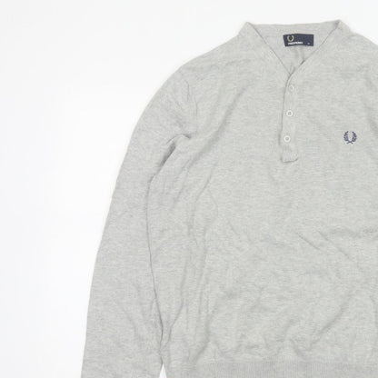 Fred Perry Men Grey M Cotton Logo Henley High Neck Jumper