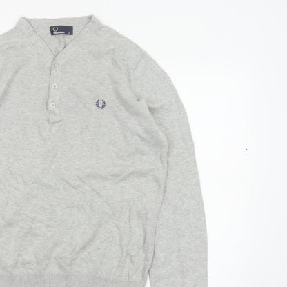 Fred Perry Men Grey M Cotton Logo Henley High Neck Jumper