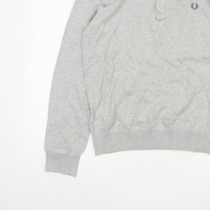 Fred Perry Men Grey M Cotton Logo Henley High Neck Jumper