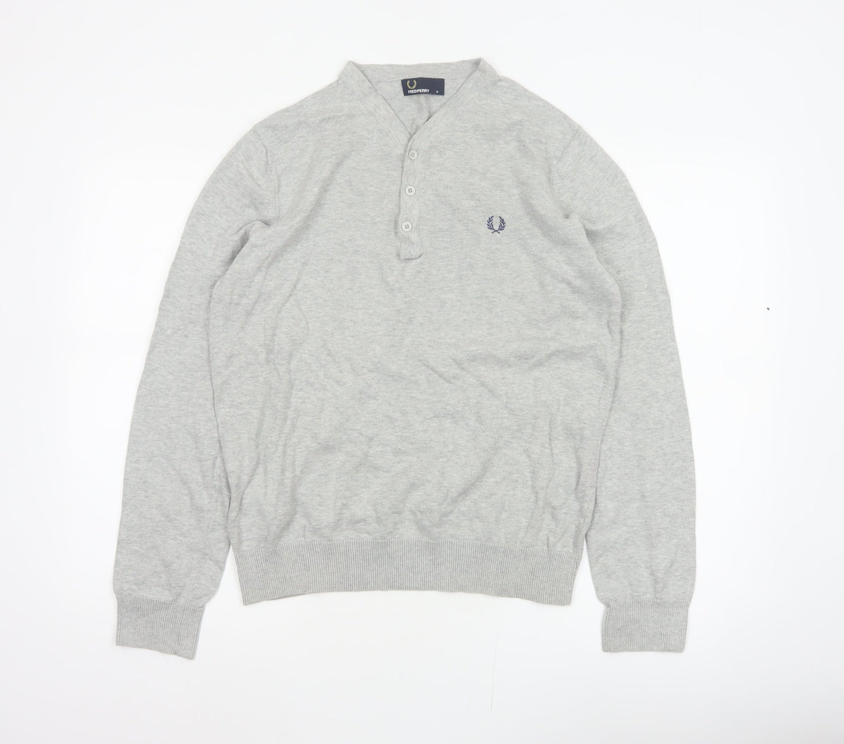 Fred Perry Men Grey M Cotton Logo Henley High Neck Jumper