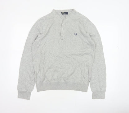Fred Perry Men Grey M Cotton Logo Henley High Neck Jumper