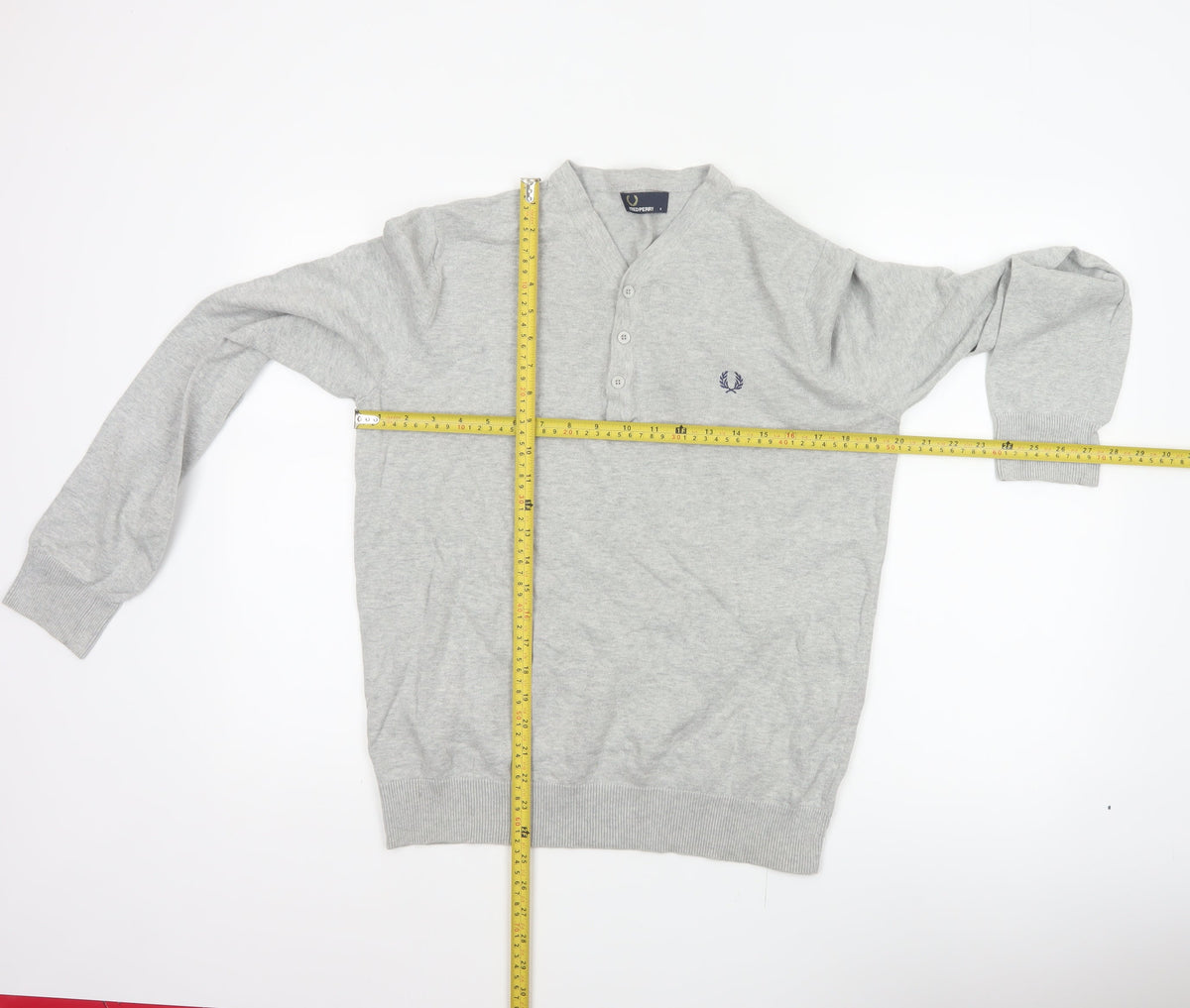 Fred Perry Men Grey M Cotton Logo Henley High Neck Jumper
