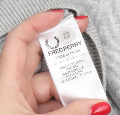 Fred Perry Men Grey M Cotton Logo Henley High Neck Jumper