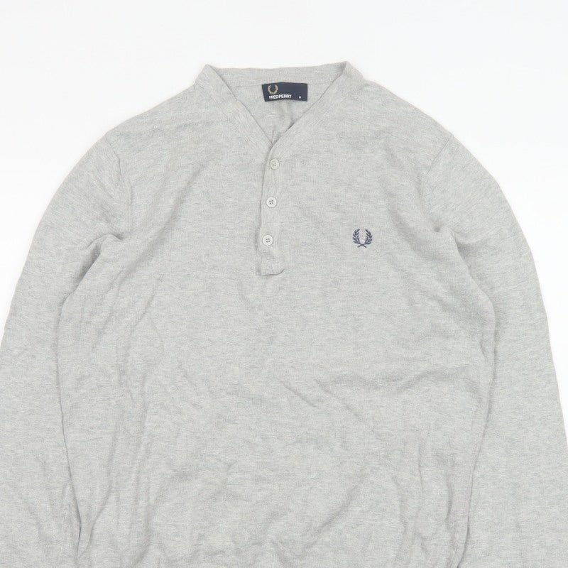 Fred Perry Men Grey M Cotton Logo Henley High Neck Jumper