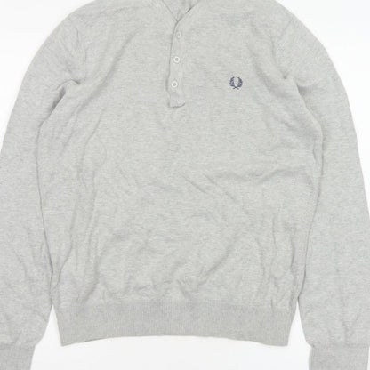 Fred Perry Men Grey M Cotton Logo Henley High Neck Jumper