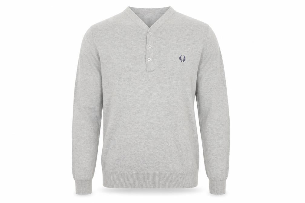 Fred Perry Men Grey M Cotton Logo Henley High Neck Jumper