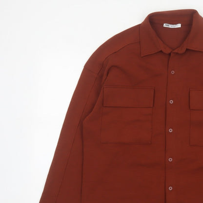 Zara Women Brown S Basic Button-Up Long Sleeve Stretch Pocket Shirt