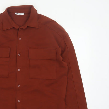 Zara Women Brown S Basic Button-Up Long Sleeve Stretch Pocket Shirt