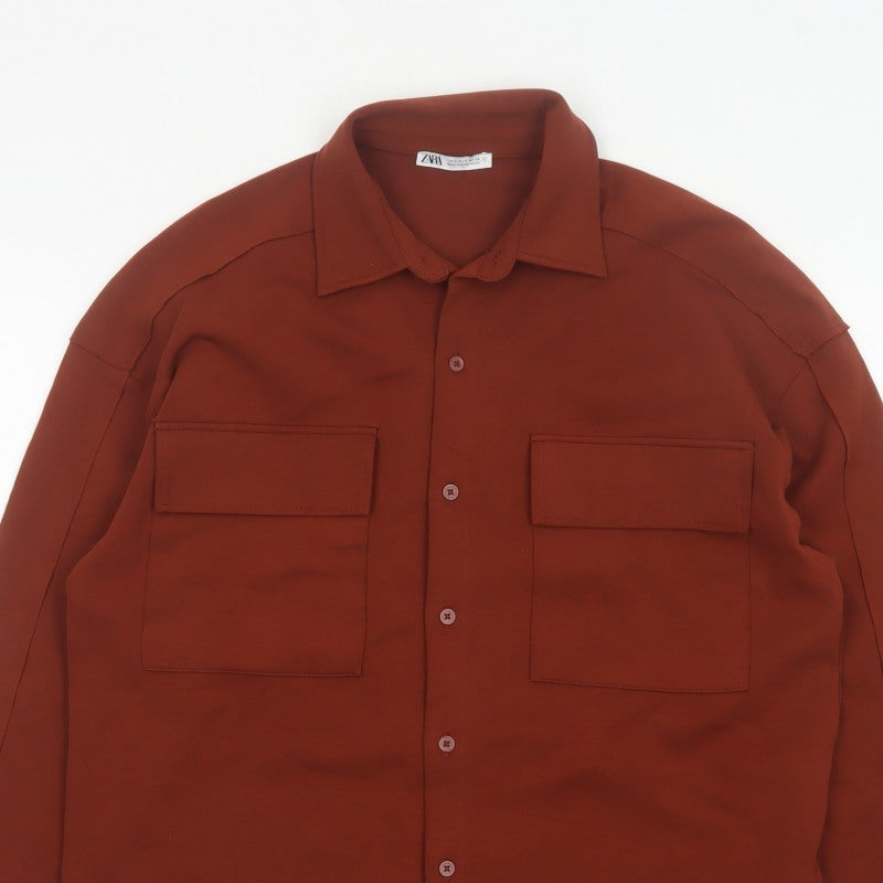 Zara Women Brown S Basic Button-Up Long Sleeve Stretch Pocket Shirt