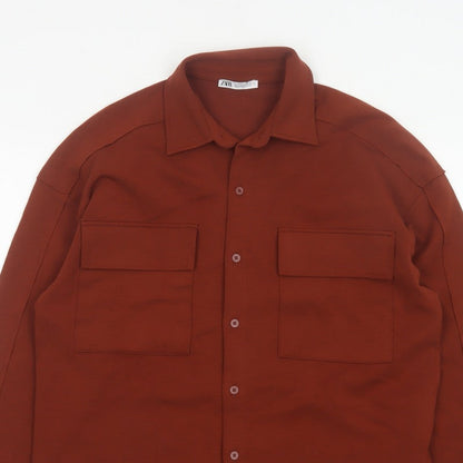 Zara Women Brown S Basic Button-Up Long Sleeve Stretch Pocket Shirt