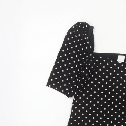 H&M Women Black M Basic Polka Dot Square Neck Puff Sleeve Blouse