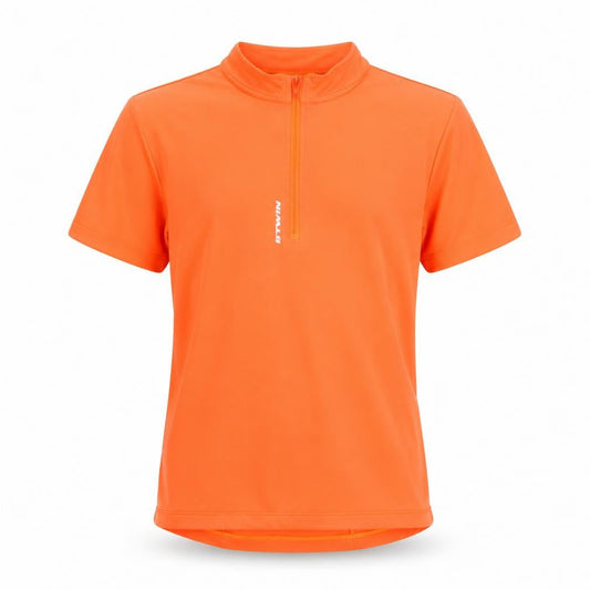 Front view of B'TWIN boys’ orange 8 years cycling jersey 1/4 zip short sleeve