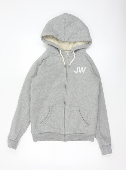 Jack Wills Women Grey UK 10 Full Zip Sherpa Lined Logo Hoodie