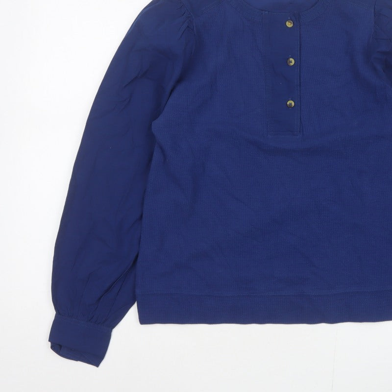 White Stuff Women Blue UK 10 Knit Cotton Puff Sleeve Button Blouse