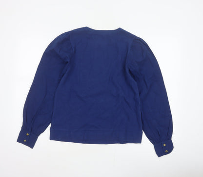 White Stuff Women Blue UK 10 Knit Cotton Puff Sleeve Button Blouse