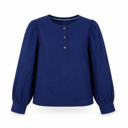 White Stuff Women Blue UK 10 Knit Cotton Puff Sleeve Button Blouse