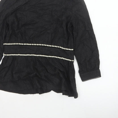 Zara TRF Women’s Black S Long Sleeve Pearl Trim Peplum Blouse