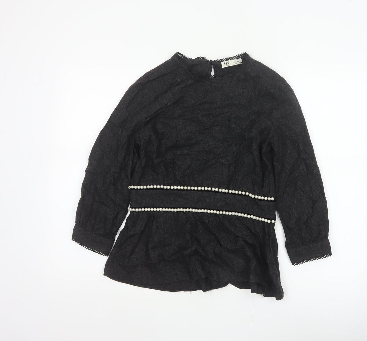 Zara TRF Women’s Black S Long Sleeve Pearl Trim Peplum Blouse