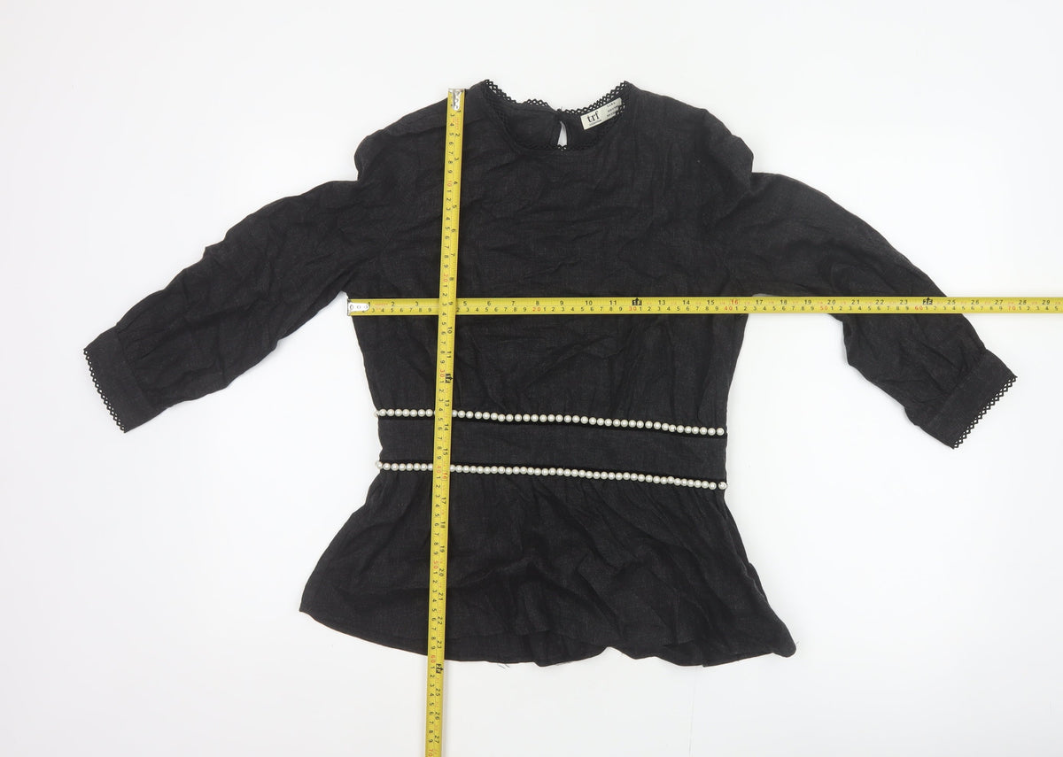 Zara TRF Women’s Black S Long Sleeve Pearl Trim Peplum Blouse