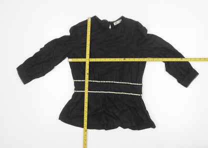 Zara TRF Women’s Black S Long Sleeve Pearl Trim Peplum Blouse