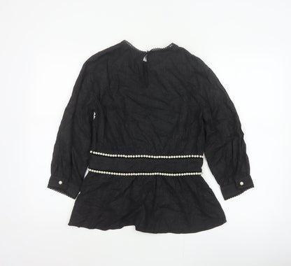 Zara TRF Women’s Black S Long Sleeve Pearl Trim Peplum Blouse