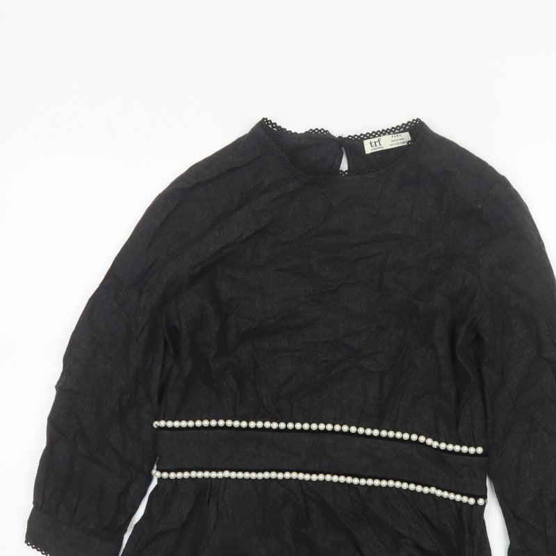 Zara TRF Women’s Black S Long Sleeve Pearl Trim Peplum Blouse