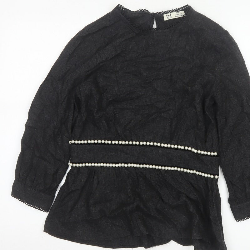 Zara TRF Women’s Black S Long Sleeve Pearl Trim Peplum Blouse