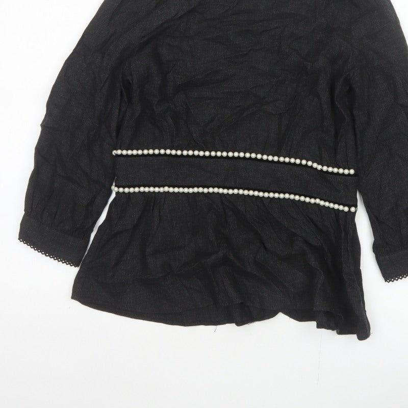 Zara TRF Women’s Black S Long Sleeve Pearl Trim Peplum Blouse