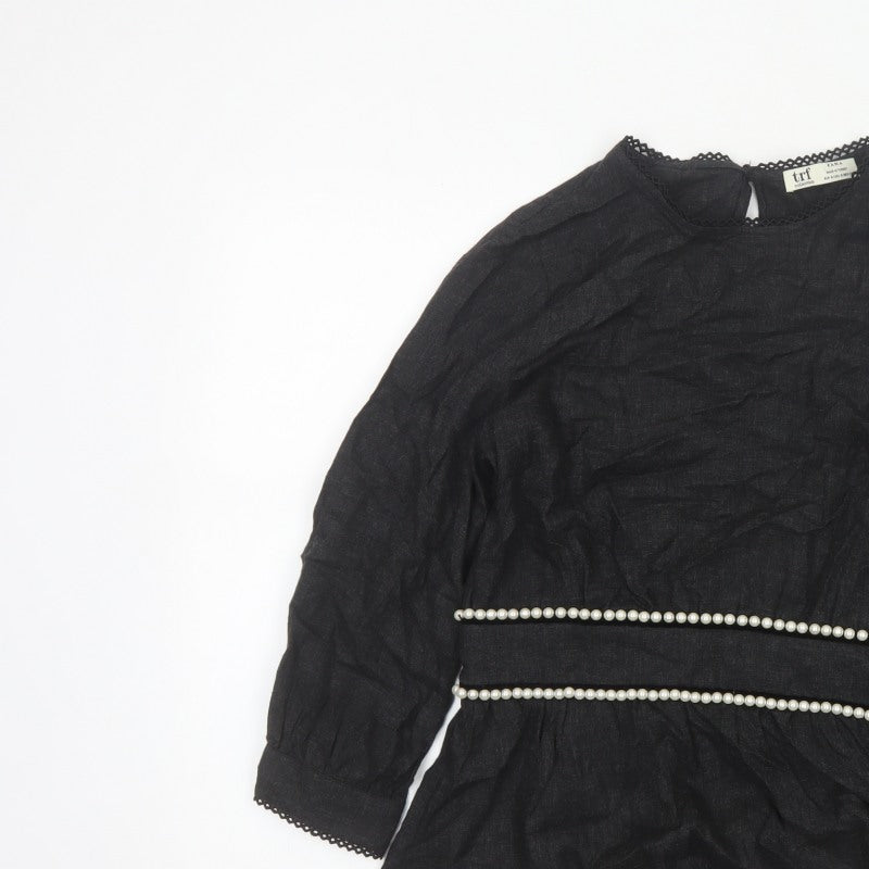 Zara TRF Women’s Black S Long Sleeve Pearl Trim Peplum Blouse
