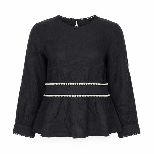 Zara TRF Women’s Black S Long Sleeve Pearl Trim Peplum Blouse