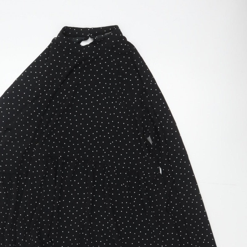 Monki Women Black Polka Dot High Neck Skater Dress UK 14