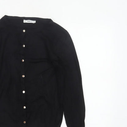 Zara Women Black M Button Front Knit Cardigan Long Sleeve Silver Buttons