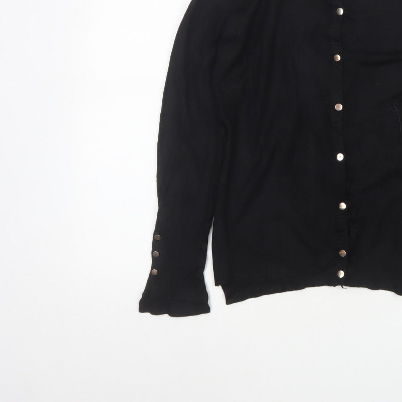 Zara Women Black M Button Front Knit Cardigan Long Sleeve Silver Buttons