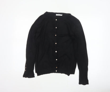 Zara Women Black M Button Front Knit Cardigan Long Sleeve Silver Buttons