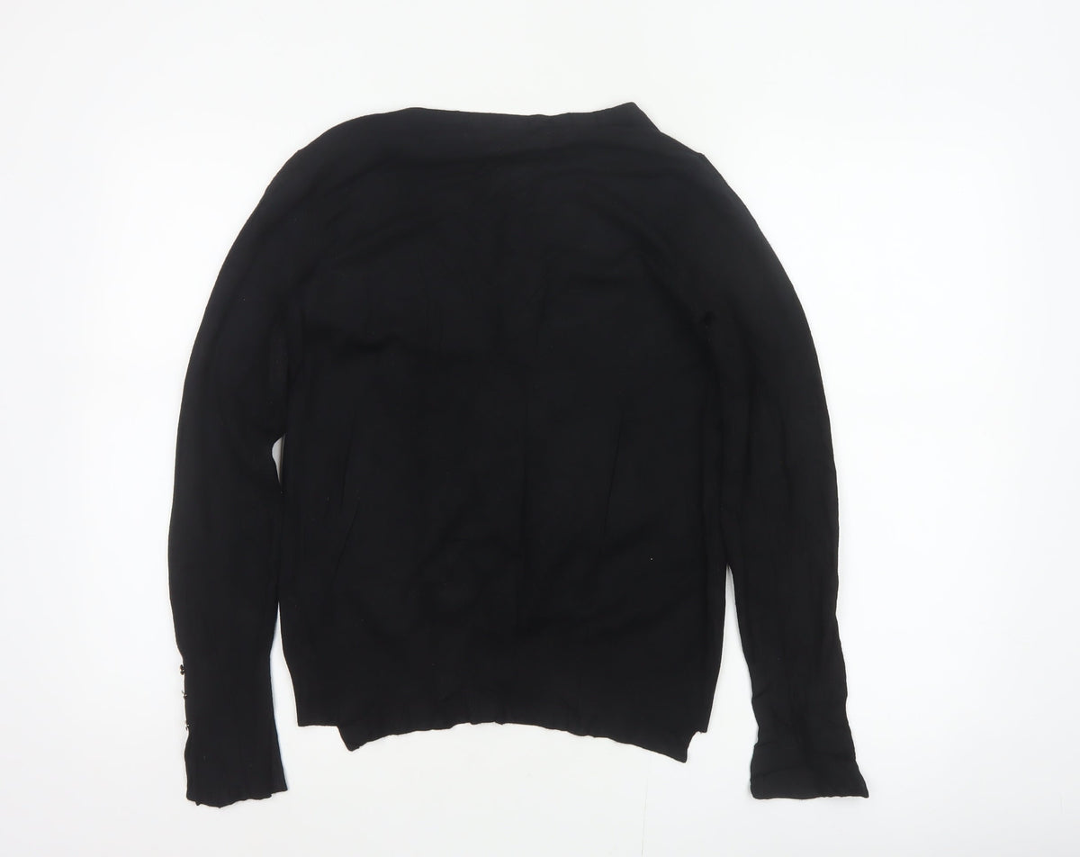 Zara Women Black M Button Front Knit Cardigan Long Sleeve Silver Buttons