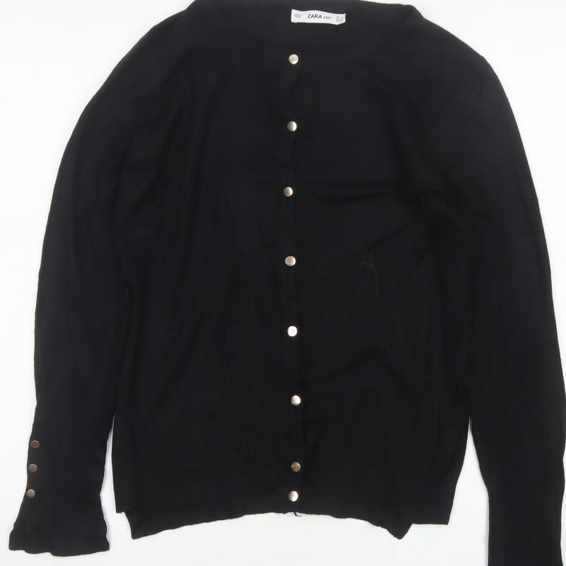 Zara Women Black M Button Front Knit Cardigan Long Sleeve Silver Buttons