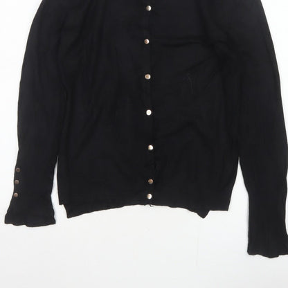 Zara Women Black M Button Front Knit Cardigan Long Sleeve Silver Buttons