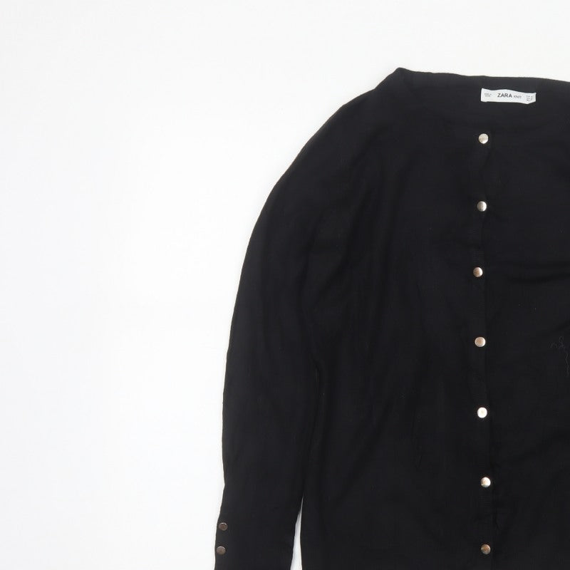 Zara Women Black M Button Front Knit Cardigan Long Sleeve Silver Buttons